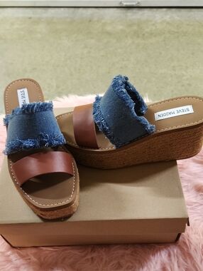 Steve Madden Denim Frayed & Brown Leather Platform Wedges